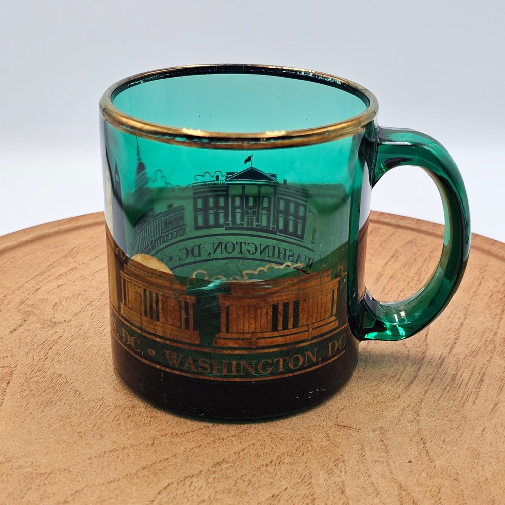 Washington DC Vtg Souvenir Green Glass 22K Gold Rim Landmark Coffee Mug USA Made